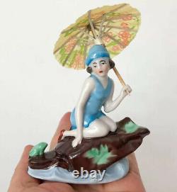 Vtg Bathing Beauty Lady Figuring Doll Blue Porcelain Ceramic German Art Deco
