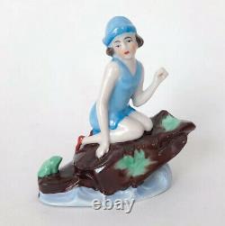 Vtg Bathing Beauty Lady Figuring Doll Blue Porcelain Ceramic German Art Deco