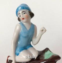 Vtg Bathing Beauty Lady Figuring Doll Blue Porcelain Ceramic German Art Deco