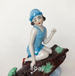 Vtg Bathing Beauty Lady Figuring Doll Blue Porcelain Ceramic German Art Deco