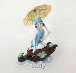 Vtg Bathing Beauty Lady Figuring Doll Blue Porcelain Ceramic German Art Deco