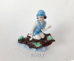 Vtg Bathing Beauty Lady Figuring Doll Blue Porcelain Ceramic German Art Deco