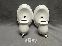 Vtg Deco Pair Ceramic White Porcelain Bathroom Floral Wall Lights Sconce 265-20E