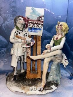 Vtg Italian Ceramic 9 1/2 Artist Painting With Women, Easel Sculpture Art Deco