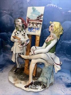 Vtg Italian Ceramic 9 1/2 Artist Painting With Women, Easel Sculpture Art Deco