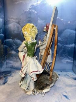 Vtg Italian Ceramic 9 1/2 Artist Painting With Women, Easel Sculpture Art Deco