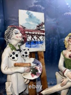 Vtg Italian Ceramic 9 1/2 Artist Painting With Women, Easel Sculpture Art Deco