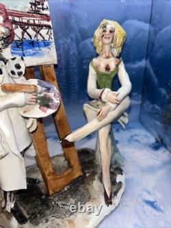 Vtg Italian Ceramic 9 1/2 Artist Painting With Women, Easel Sculpture Art Deco