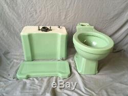 Vtg Mid Century Art Deco Jadeite Green Porcelain Toilet Bowl Tank Lid 148-20E