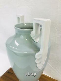 Vtg Neoclassical Art Deco Porcelain Pottery Vase Urn Greek Blue Green 12'' HAVE2