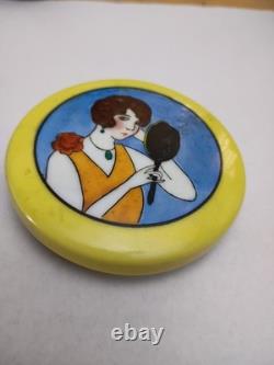 Vtg Noritake Art Deco Puff Powder Compact Porcelain 3.25 Flapper Green Mark