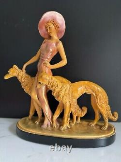 Vtg Porcelain Figurine Art Deco Woman in Pink Walking 2 Golden Borzoi Dogs 13.5