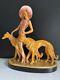 Vtg Porcelain Figurine Art Deco Woman In Pink Walking 2 Golden Borzoi Dogs 13.5