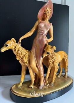 Vtg Porcelain Figurine Art Deco Woman in Pink Walking 2 Golden Borzoi Dogs 13.5