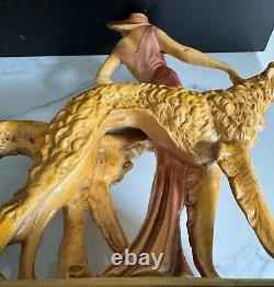 Vtg Porcelain Figurine Art Deco Woman in Pink Walking 2 Golden Borzoi Dogs 13.5