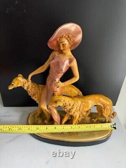 Vtg Porcelain Figurine Art Deco Woman in Pink Walking 2 Golden Borzoi Dogs 13.5