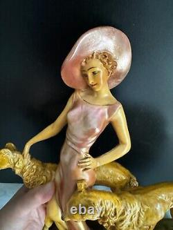 Vtg Porcelain Figurine Art Deco Woman in Pink Walking 2 Golden Borzoi Dogs 13.5