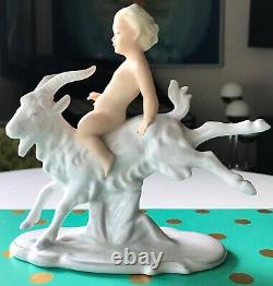 Vtg SCHAUBACH KUNST Boy on Goat WALLENDORF Figurine PORCELAIN German Art Deco OG