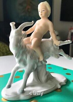 Vtg SCHAUBACH KUNST Boy on Goat WALLENDORF Figurine PORCELAIN German Art Deco OG