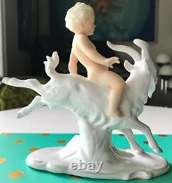 Vtg SCHAUBACH KUNST Boy on Goat WALLENDORF Figurine PORCELAIN German Art Deco OG