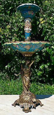 Wong Lee Blue Art Deco Fluted Porcelain & Bronze Maiden Sculpture Vase