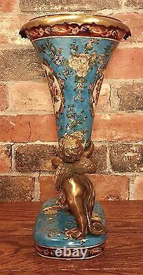 Wong Lee Blue Art Deco Porcelain & Bronze Cherub with Cornucopia Vase