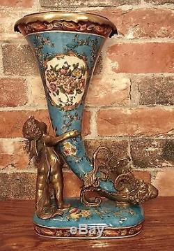 Wong Lee Blue Art Deco Porcelain & Bronze Cherub with Cornucopia Vase