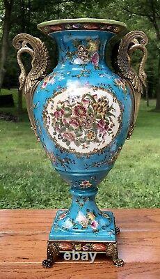 Wong Lee Blue Art Deco Porcelain & Bronze Swan Handle Vase