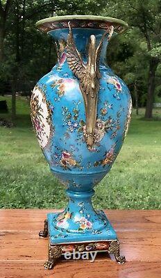 Wong Lee Blue Art Deco Porcelain & Bronze Swan Handle Vase