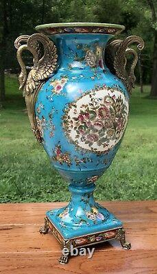 Wong Lee Blue Art Deco Porcelain & Bronze Swan Handle Vase