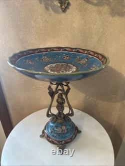 Wong Lee Blue Art Deco Porcelain & Bronze Young Maiden Pedestal Bowl