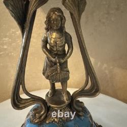 Wong Lee Blue Art Deco Porcelain & Bronze Young Maiden Pedestal Bowl