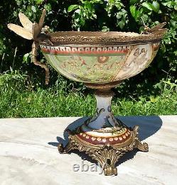 Wong Lee Olive Art Deco Porcelain & Bronze Dragonfly Pedestal Centerpiece Bowl