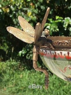 Wong Lee Olive Art Deco Porcelain & Bronze Dragonfly Pedestal Centerpiece Bowl