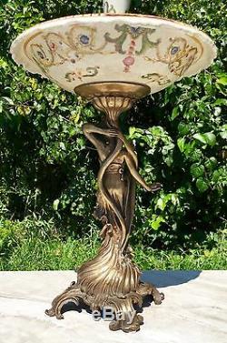 Wong Lee Olive Green Art Deco Fluted Porcelain & Bronze Maiden Sculpture Vase