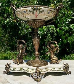 Wong Lee Olive Green Art Deco Porcelain & Bronze Cherub Statues Pedestal Bowl