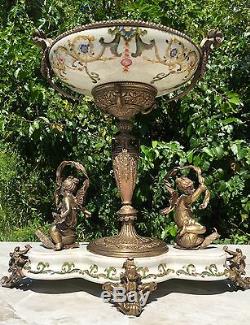 Wong Lee Olive Green Art Deco Porcelain & Bronze Cherub Statues Pedestal Bowl