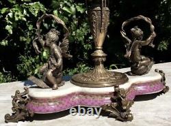 Wong Lee Pink Art Deco Porcelain & Bronze Cherub Figurines Pedestal Bowl