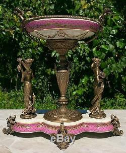 Wong Lee Pink Art Deco Porcelain & Bronze Maiden Statues Pedestal Bowl
