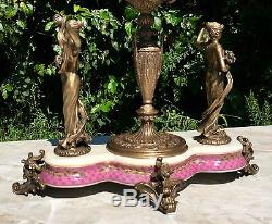 Wong Lee Pink Art Deco Porcelain & Bronze Maiden Statues Pedestal Bowl