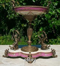 Wong Lee Vintage Pink Art Deco Porcelain & Bronze Cherub Figurines Pedestal Bowl