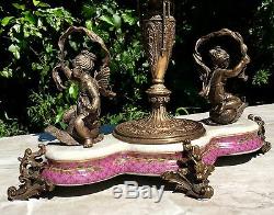 Wong Lee Vintage Pink Art Deco Porcelain & Bronze Cherub Figurines Pedestal Bowl