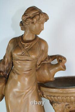 XL antique art deco statue sculpture lady water source ram heads 1930s