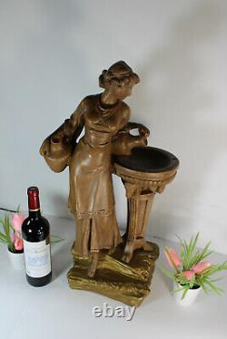 XL antique art deco statue sculpture lady water source ram heads 1930s